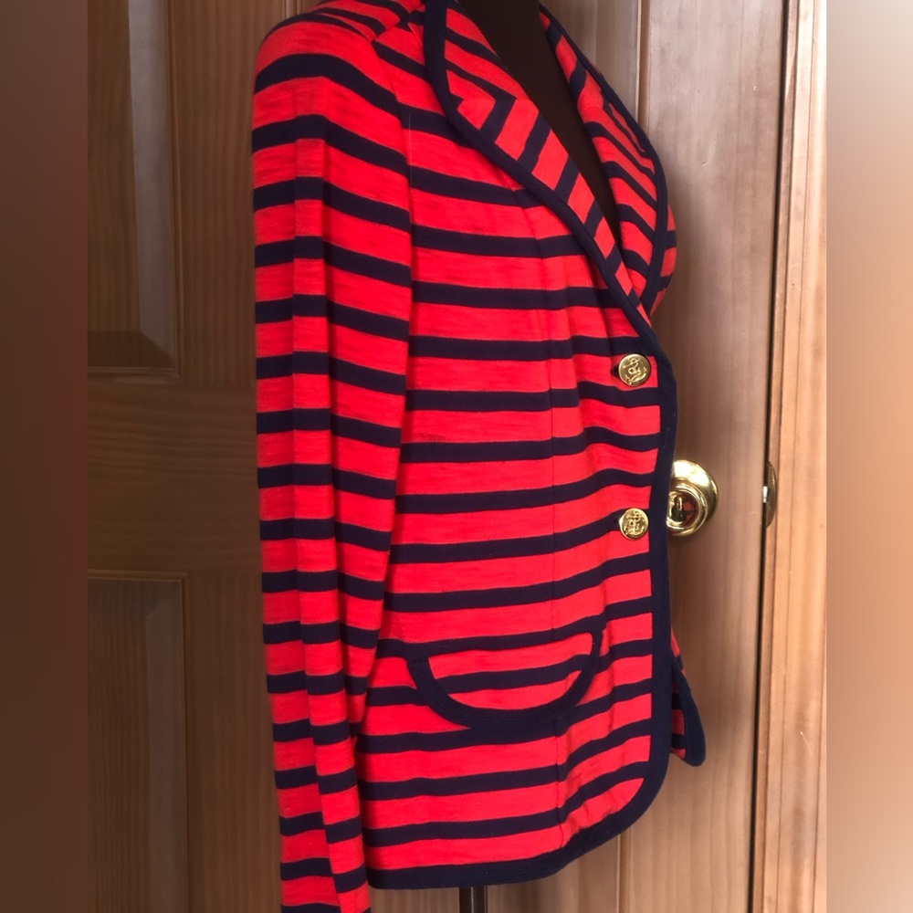 NWOT CAbi sM casual jacket Super fun cotton knit in navy/red w/gold buttons - Picture 3 of 6